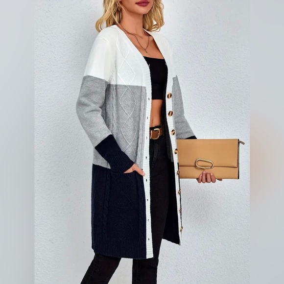 New Cozy Longline Cardigan Chunky Knit Colorblock Long Sleeves White Gray Navy - Picture 6 of 16